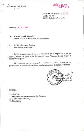[Carta del Asesor P`residencial dirigida al Ministro de Educación referente a solicitud de la Rec...