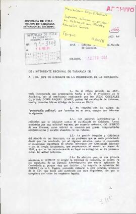 [Carta de Intendente Región de Tarapacá sobre situación de ex alcalde de Colchane]