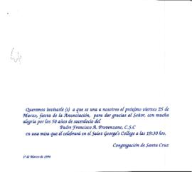 [Invitación a los 50 años de sacerdocio del padre Provenzano quien celebrará la eucaristía ese día]