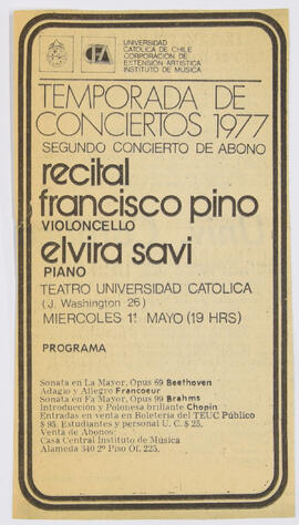 Afiche de Prensa : Recital Francisco Pino (Violoncello) Elvira Savi (Piano) - Temporada de Conciertos 1977