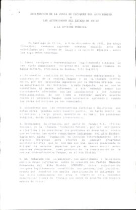 [Declaración conjunta de Caciques del Alto Bío-Bío a las autoridades del Estado de Chile y a la opinión pública]