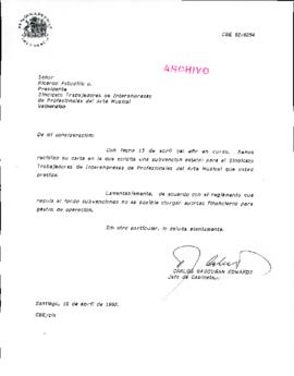 [Carta del Sindicato de Trabajadores de Interempresas de Profesionales del Arte Musical de la Provincia de Valparaíso solicita subvención presidencial para gastos operacionales del sindicato]
