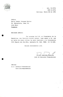 [Carta de respuesta por remisión de correspondencia enviada al Presidente, redirigiéndola a la Intendencia VIII Región del Bio-Bio  ]
