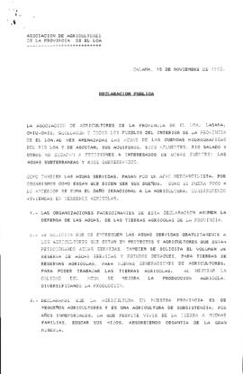 [Declaración Pública  de la Asociación de Agricultores de la Provincia de El Loa referente a amenazas de las aguas de cuencas hidrográficas de la zona]