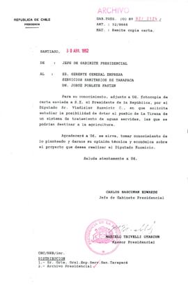 [Carta del Jefe de Gabinete de la Presidencia a Gerente General Empresa de Servicios Sanitarios de Tarapacá]