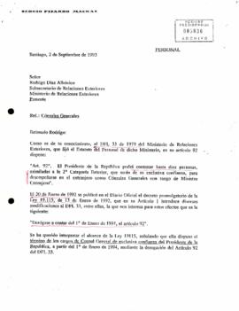 [Carta de Sergio Pizarro a Subsecretario de Relaciones Exteriores]