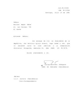 [Informa que carta fue remitida Gobernación Provincial Talagante, mediante Oí. GAB. PRES. (O) 91/2478]