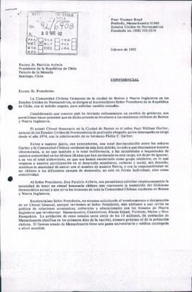 [Carta de la Comunidad Chilena en Boston y Nueva Inglaterra de los Estados Unidos dirigida al Presidente Patricio Aylwin]