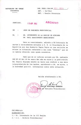 [Carta del Jefe de Gabinete de la Presidencia a Intendente de la III Región]