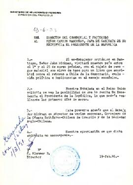 Invitación a recibir al ex- embajador británico John Hickman y solicitud de audiencia con el embajador de Chile en  Colombia Armando Jaramillo Lyon