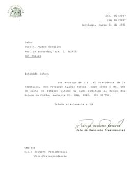 [Carta de respuesta por remisión de correspondencia enviada al Presidente, redirigiéndola  al Banco del Estado de Chile]