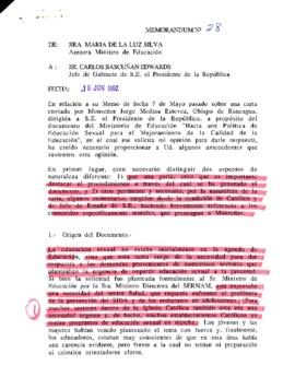 [Memorandum N° 28: sobre carta de Obispo de Rancagua relativo al documento del Ministerio de Educación "Hacia una política de educación sexual para el mejoramiento de la calidad de la educación]