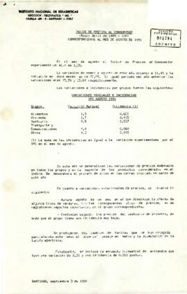 Indice de precios al consumidor correspondiente al mes de agosto de 1991
