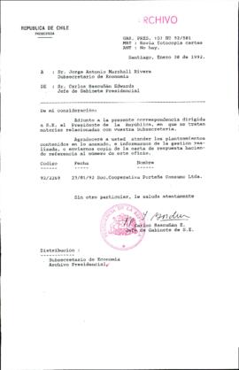 [Carta del Jefe de Gabinete de la Presidencia a Subsecretario de Economía]