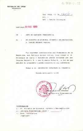 [Carta del Jefe de Gabinete Presidencial al Ministro de Economía, Fomento y Reconstrucción]