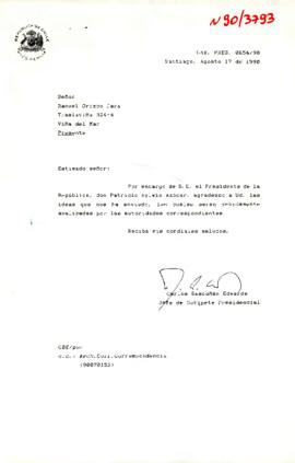 [Carta de agradecimiento por envío de proyecto "Baldosones para todas las veredas de Chile"].
