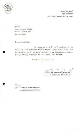 [Informa que carta fue remitida a la Intendencia RM, mediante Of. GAB. PRES. (0) 91/880]