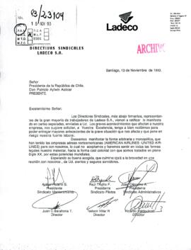 [Carta de las Directivas Sindicales de Ladeco S.A., mediante la cual solicitan audiencia con el Presidente Patricio Aylwin]