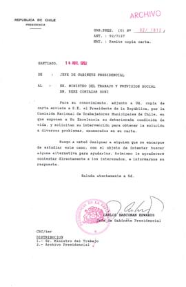 [Carta de Jefe de Gabinete de la Presidencia a Ministro de Trabajo y Previsión Social]
