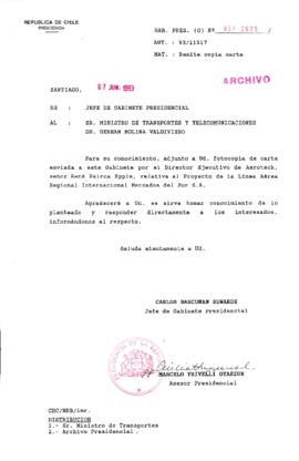 [Oficio  Gab. Pres. Ord. N° 2925 de  Jefe de Gabinete Presidencial, remite copia de carta que se indica]