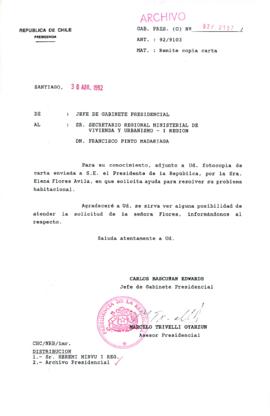 [Carta del Jefe de Gabinete de la Presidencia a SEREMI de Vivienda I Región]