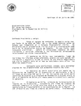 [Carta del Presidente Aylwin al Presidente de Bolivia, respondiendo a carta del 18 de mayo del mismo año].