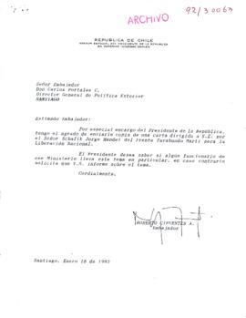 [Carta de Asesor Presidencial en Materias Internacionales sobre carta de Frente Farabundo Martí d...