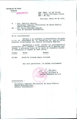 [Carta del Jefe de Gabinete de la Presidencia a SEREMI de Salud Región Metropolitana]