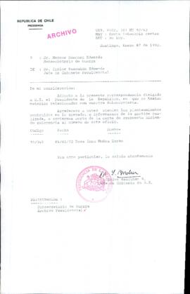 [Carta de Jefe de Gabinete de la Presidencia al Subsecretario de Guerra]