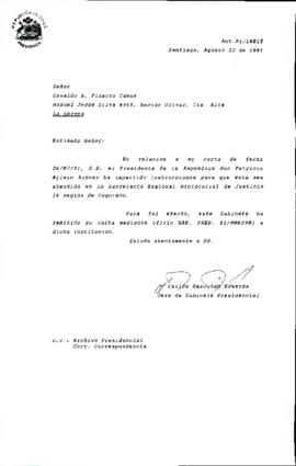 [Carta de respuesta enviada al Sr. Osvaldo Pizarro remitiendo su carta a SEREMI de Justicia IV Región]