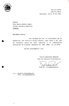[Carta de respuesta por remisión de correspondencia enviada al Presidente, redirigiéndola  a la Gobernación Provincial de Linares ]