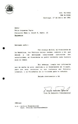 Carta remitida a la Gobernación de Illapel, para que sean recibidos en esa instancia del Gobierno interior, y al Ministerio de la Vivienda para su estudio.