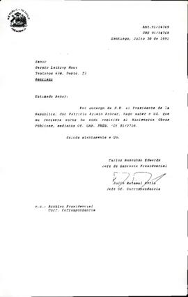 [Carta de respuesta enviada al Sr. Sergio Lathrop remitiendo su carta al Ministerio de Obras Públicas]