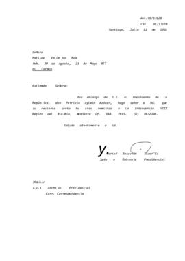 [Informa que carta fue remitida a Intendencia VIII, mediante Of. GAB. PRES. (O) 91/2398]
