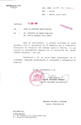 [Oficio del Jefe de Gabinete Presidencial dirigido al Ministro de Obras Públicas, referente a la terminación del camino costero Tocopilla - Río Loa]