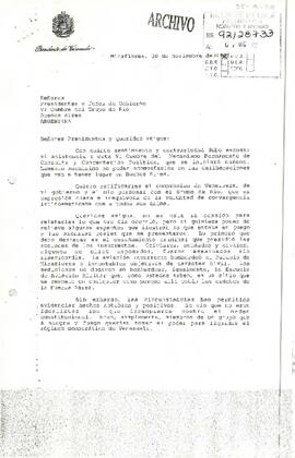 [Carta del Presidente de Venezuela excusando su asistencia a la VI cumbre presidencial del grupo de Rio].