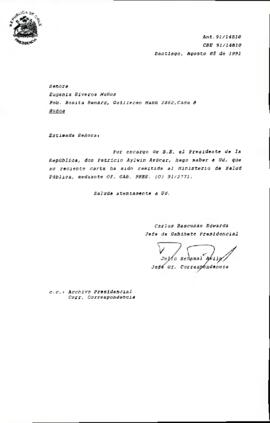 [Carta de respuesta enviada a la Sra. Eugenia Riveros remitiendo su carta al Ministerio de Salud]