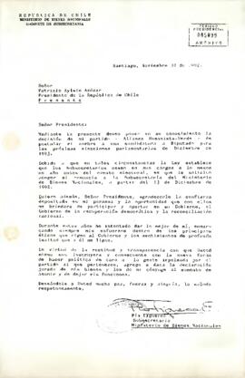 [Carta de Subsecretaria del Ministerio  de Bienes Nacionales dirigida a S.E Presidente Patricio Aylwin]