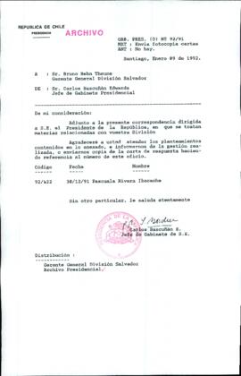 [Carta del Jefe de Gabinete de la Presidencia a Gerente General Codelco División Salvador]
