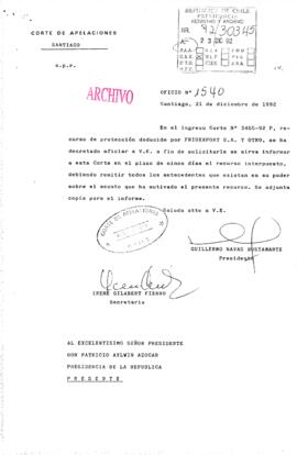 [Oficio N° 1540 de Corte de Apelaciones de Santiago, informa recurso de protección]