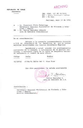 [Carta del Jefe de Gabinete de la Presidencia a SEREMI de Vivienda I Región]