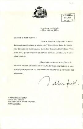 [Carta dirigida al Presidente de Argentina sobre asistencia a reunión]