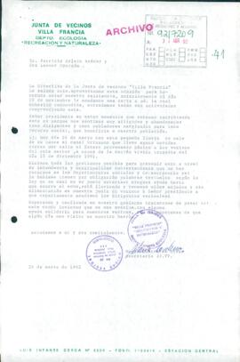 [Carta del Departamento de Ecología de la  la Junta de Vecinos de Villa Francia dirigida al Presidente Patricio Aylwin]