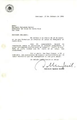 [Carta de renuncia de Benjamín Maluenda Merino como embajador]