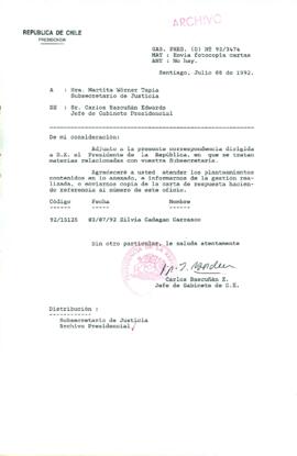 [Carta del Jefe de Gabinete de la Presidencia a Subsecretaria de Justicia]