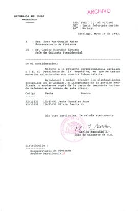 [Carta del Jefe de Gabinete de la Presidencia a Subsecretaria de Vivienda]