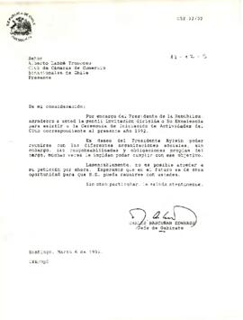 Carta de Carlos Bascuñan al Presidente del Club de Cámaras de Comercio Binacionales de Chile