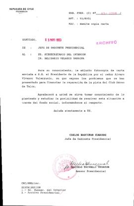 [Oficio Gab. Pres. Ord. N° 2296 de  Jefe de Gabinete Presidencial, remite copia de carta que se indica]