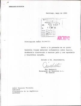[Carta de Embajada de Suecia en Chile por envío de material informativo del país europeo]