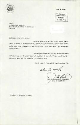 [Acusa recibo, al Embajador de Chile en Venezuela, sobre su carta con fecha 18 de Abril, donde incluye el resumen de las actividades culturales desarrolladas por esta Embajada]